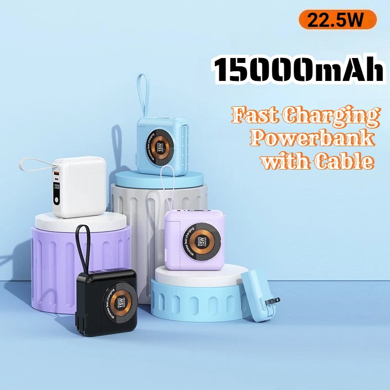 

15000 мАч Power Bank 22,5 Вт Powerbank с быстрой зарядкой и кабелем, настенная вилка переменного тока для IPhone Xiaomi Samsung, портативный внешний аккумулятор