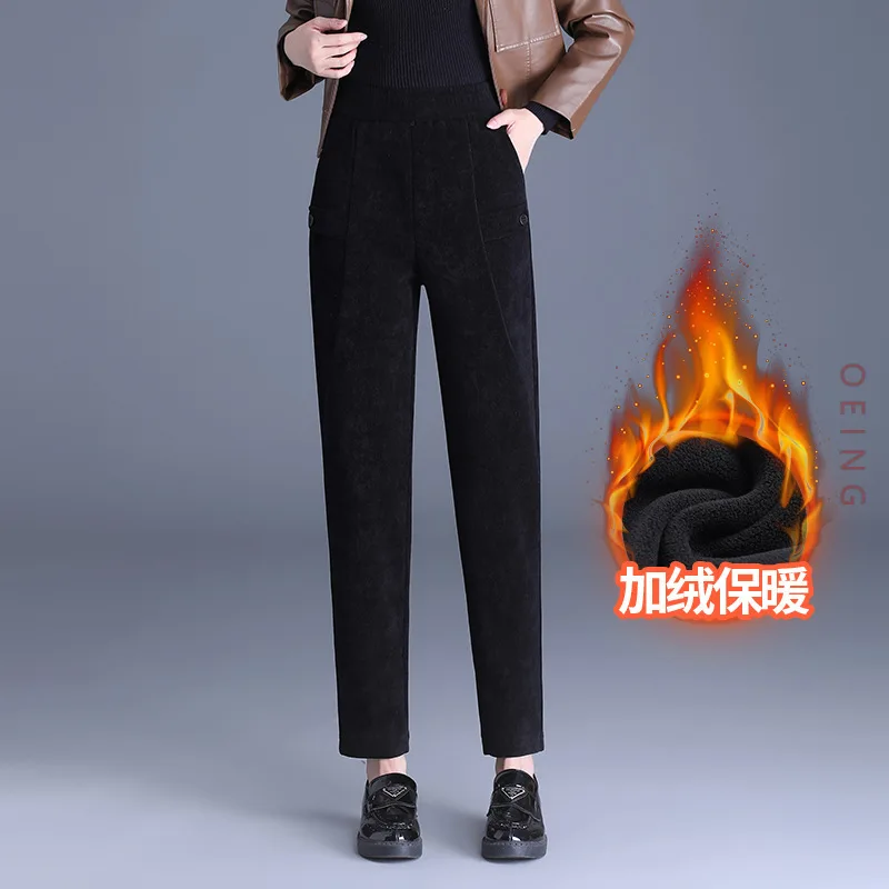 Autumn Winter Thicken Fleece Tapered Pants Elastic High Waist Slim Fit Casual Vintage Harem Trousers Women M-4XL 38110