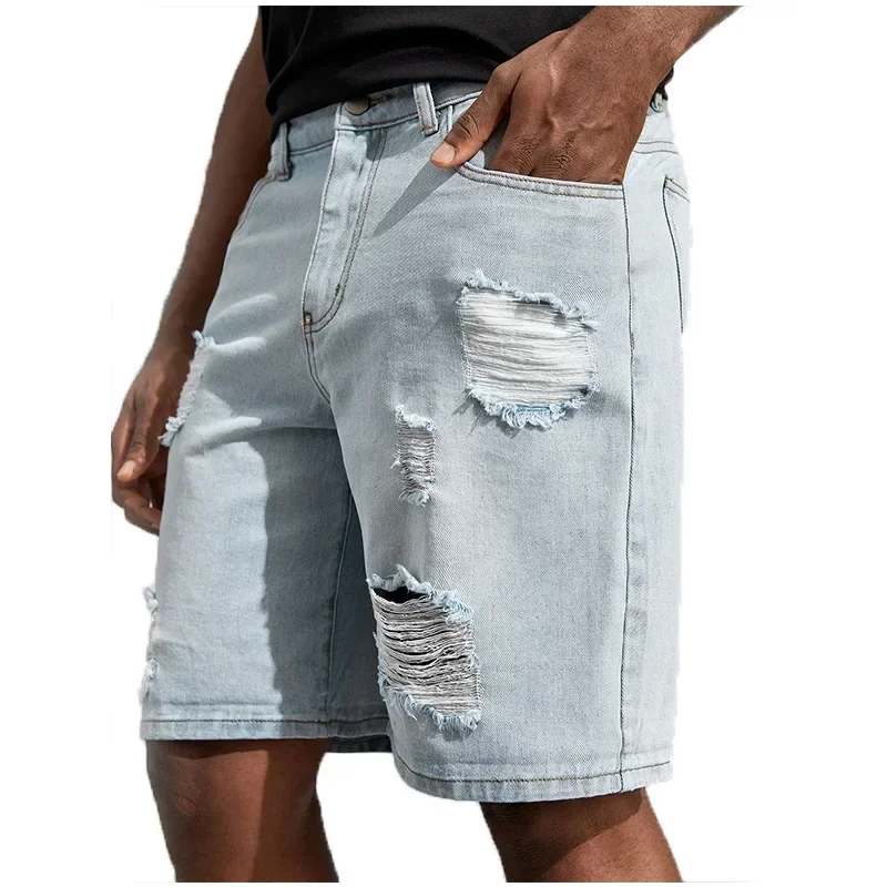 

Pop New Men's Korean-style Casual Ripped Denim Shorts, Street Handsome, Loose Straight-leg, Large-size Five-point Pants.