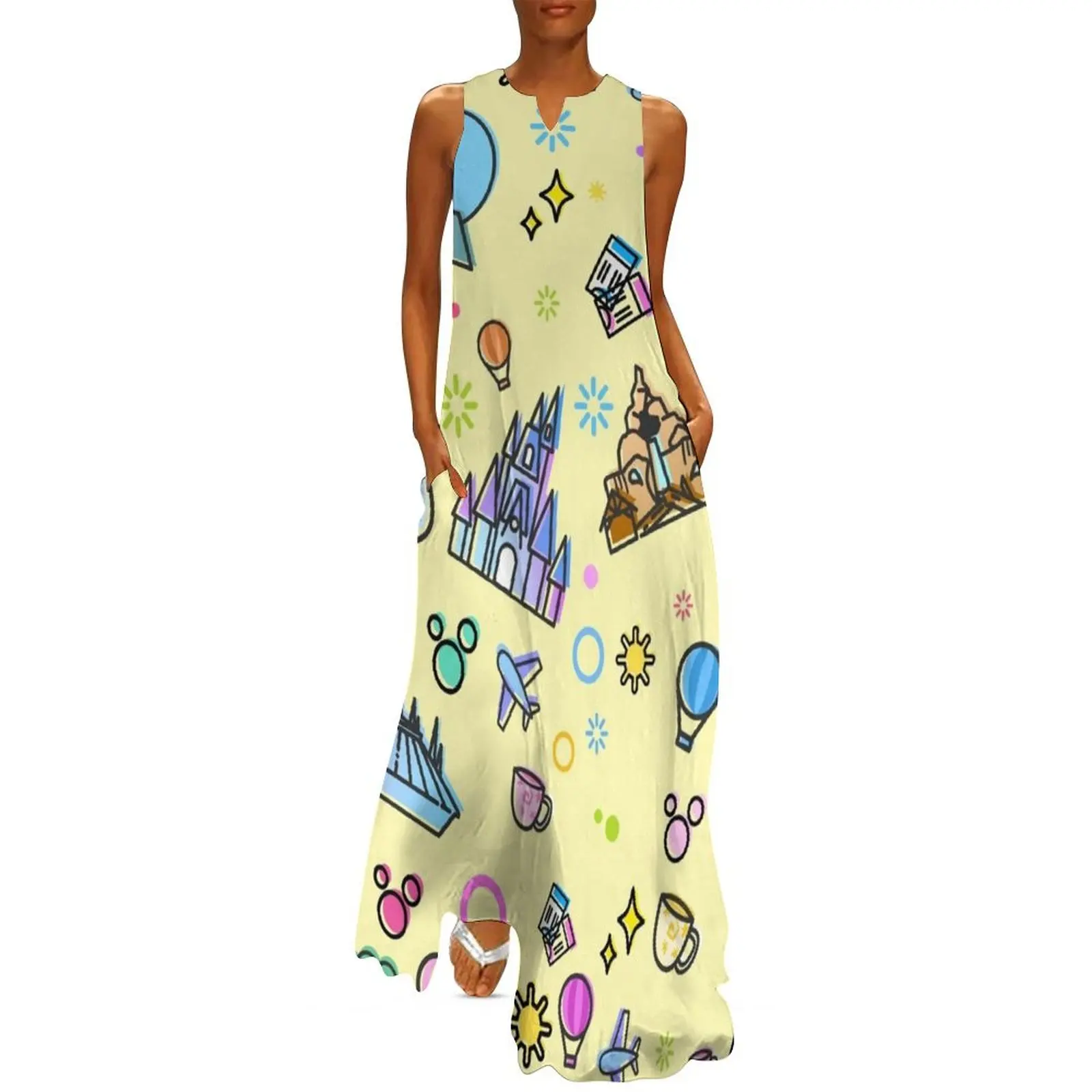 

Meet me at my Happy Place Yellow Pattern. Magical Princess Castle Design. Florida Icons. Long Dress summer dresses women 2024