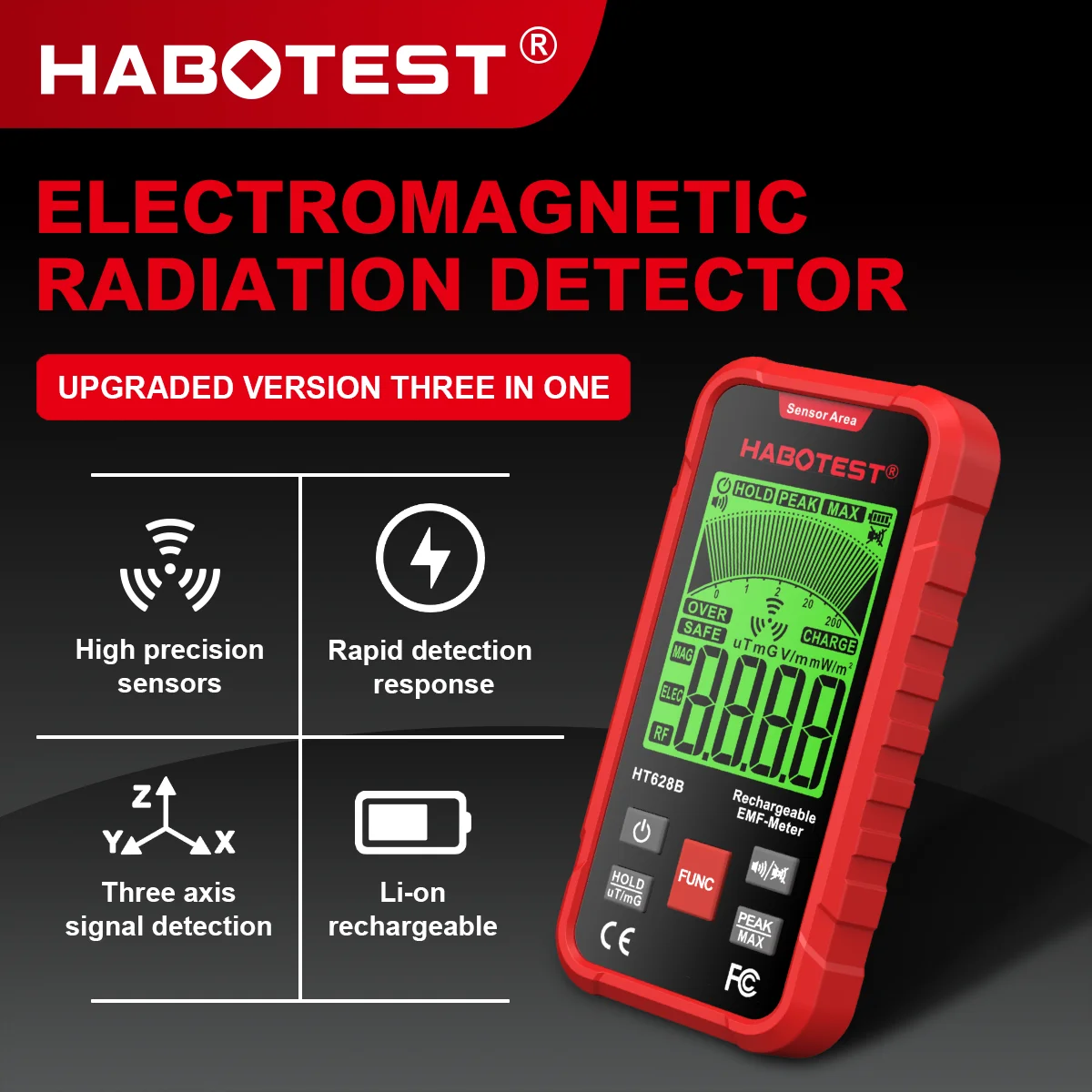 HABOTEST HT628 EMF Meter Electromagnetic Radiation Tester Electric Field Magnetic Field RF Radiation Radio Frequency Detector