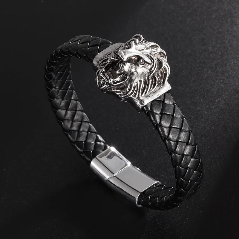 Domineering Personality Fashion Lion Head Leather Bracelet for Men's Party Wear High-End Trend Rock Jewelry