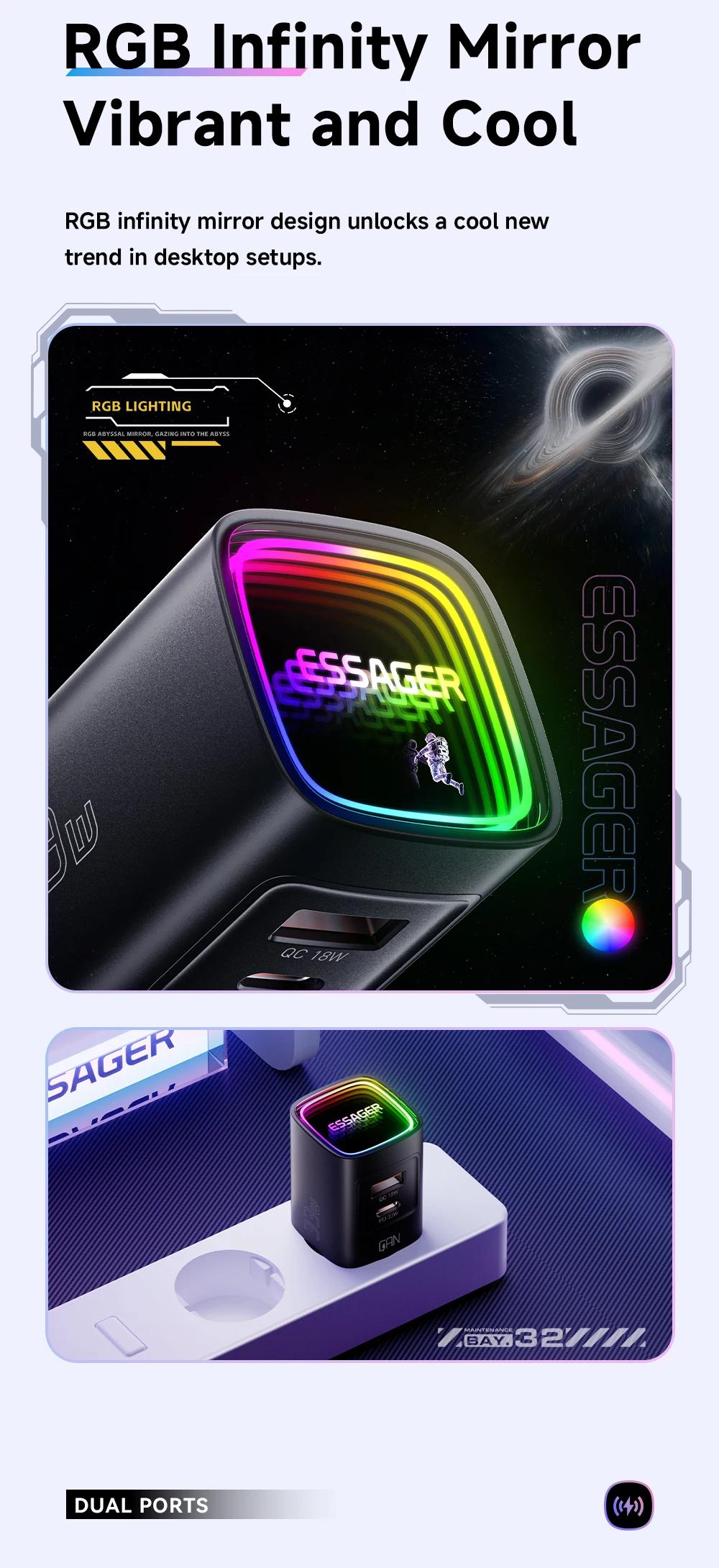 Essager 33W GaN USB Typ-C Ladegerät Tragbares PD-Schnellladegerät für iPhone 17/16/15/14 Pro Max iPad Xiaomi Samsung S25 RGB – Detail 4