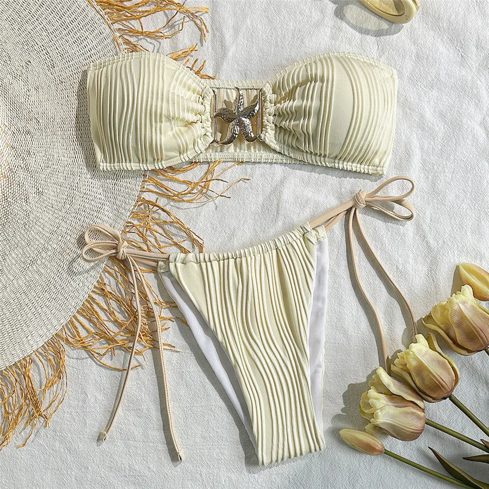 

Holiday Metal Starfish Swimwear Beige Bandeau Bikini Micro Mini Thong Sexy Swimsuit Women 2025 Strapless Bather Bikinis Sets