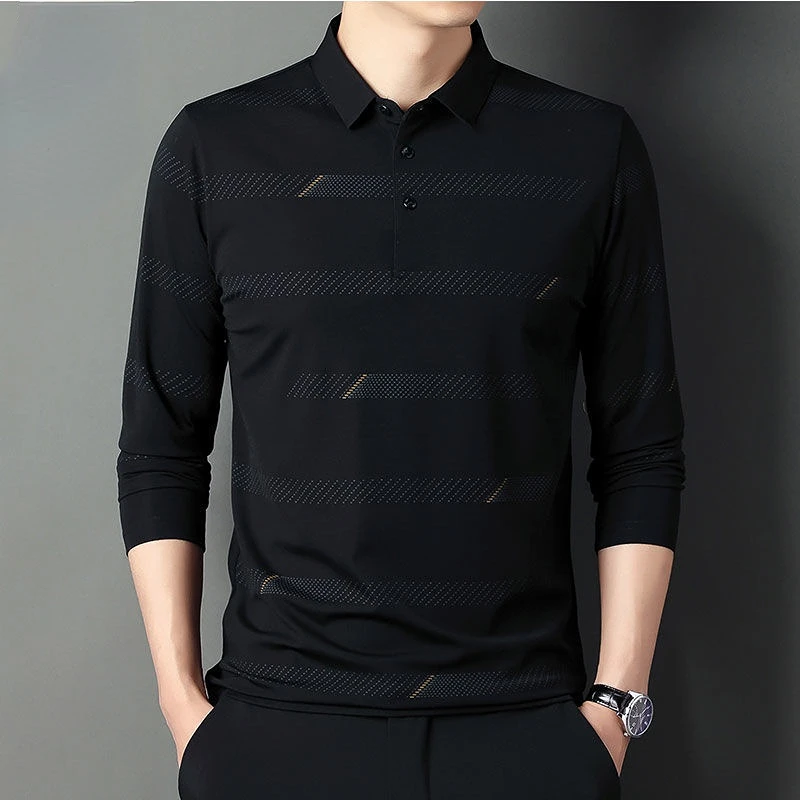 Fashion Men Long Sleeve Cotton Stripe Polo Shirts Spring Autumn New Korean Casual Male Clothes Lapel Loose Streetwear Tops 2023