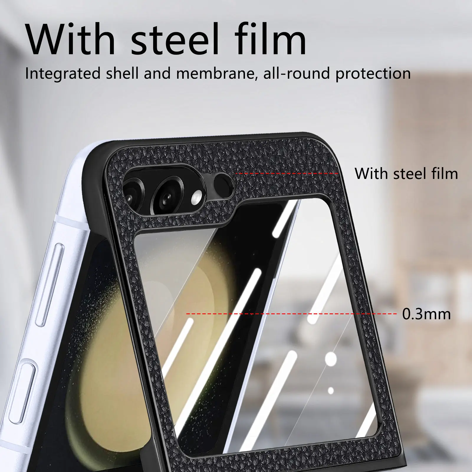 Lychee Pattern Plated Phone Case For Samsung Galaxy Z Flip 5 4 With Screen Protector Shockproof Pu Leather Cover