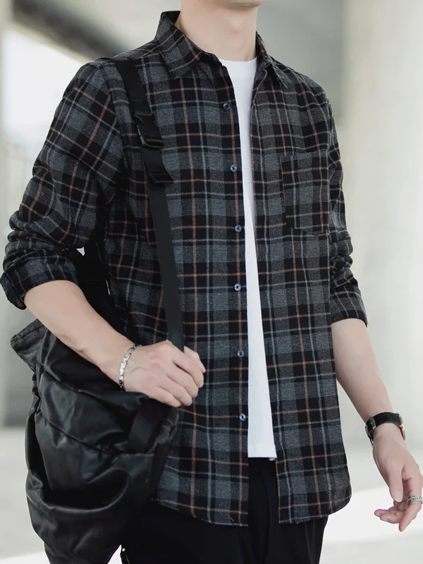

Casual Plaid Long Sve Men's irt Vintage Deep Color Stand Collar Base Layer Faion Urban Sle Linen Spring Autumn Top