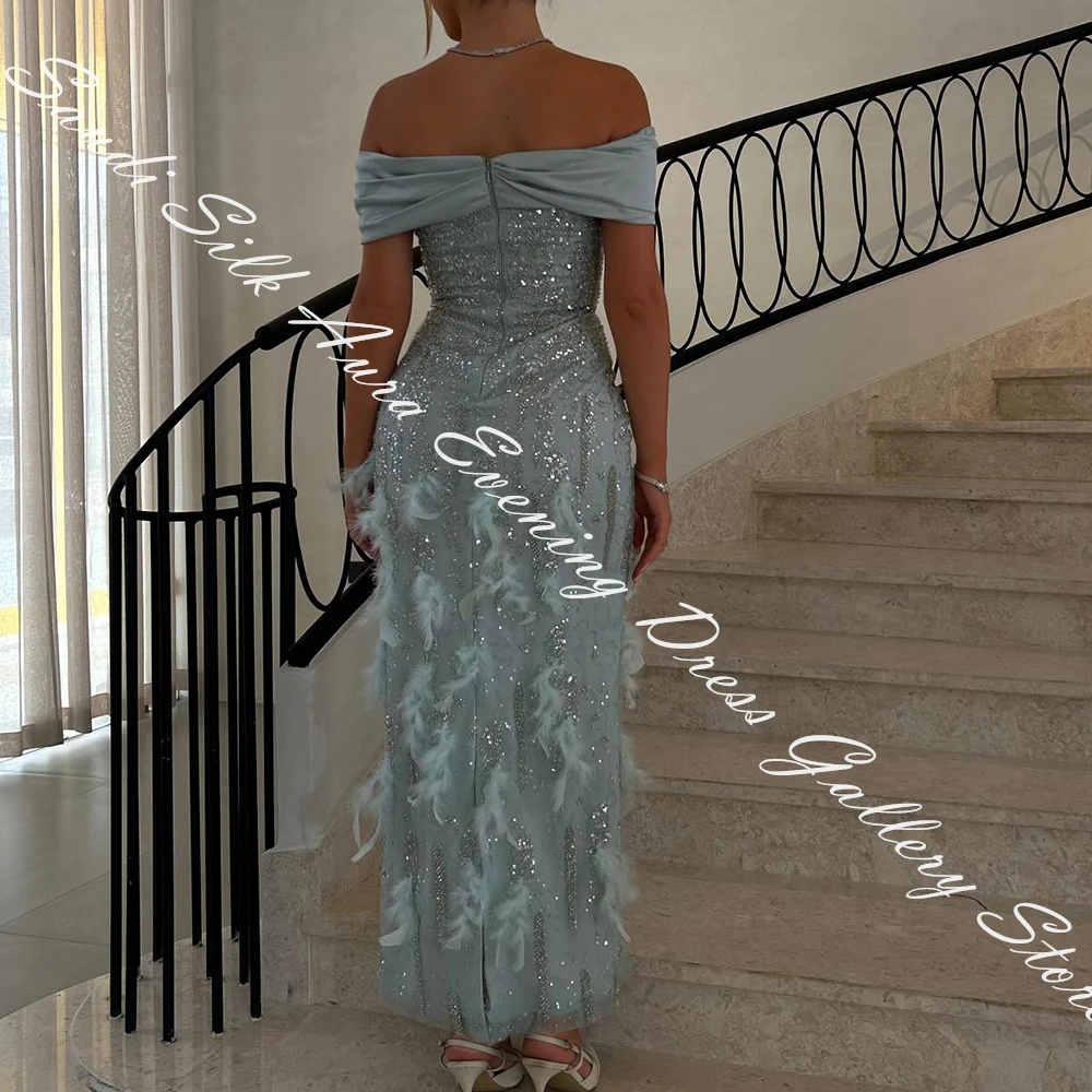 فستان سهرة مخصص عالي الجودة من الأورجانزا مستقيم قبالة ريش الكتف ومطرز بسحاب خلفي بدون أكمام ورقبة قارب #3