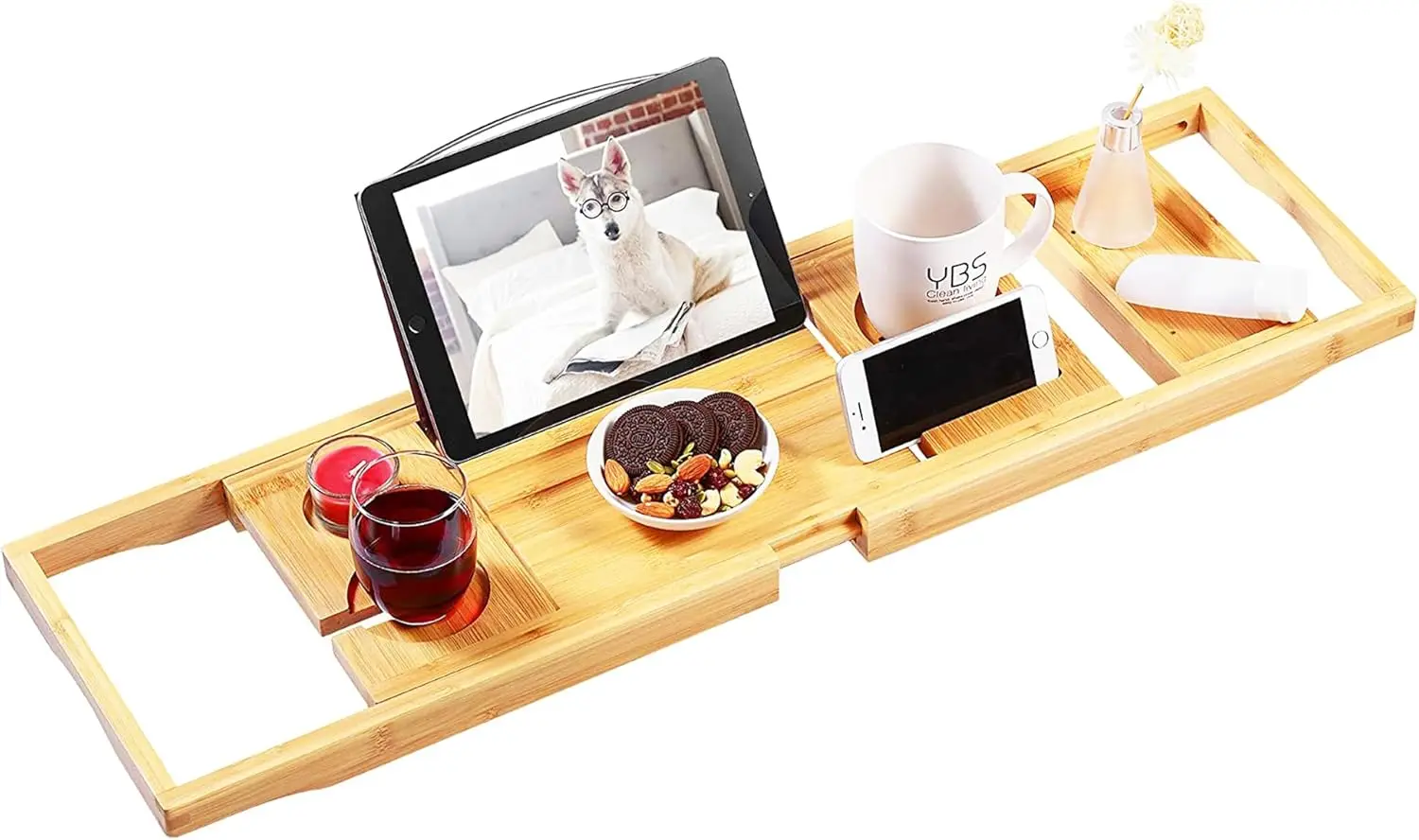 

Bamboo Bathtub Caddy Tray, Expandable Bath Tray for Tub with Upgraded Wine Slots and Book Holder