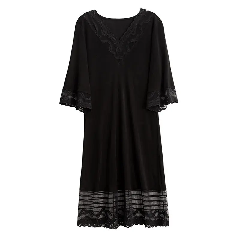 Birdtree High End Real Silk Lace Sleepwear for Women V Neck Sexy Thin Sleep Dress Loose Nightdress Nightgown 2023 New P37974QM