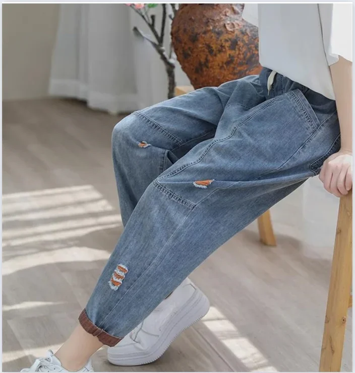 Women Jeans Korean Version Hole Elastic Waist Casual Haren Pants  Length Pants for Women High Waisted Baggy Ripped Jeans