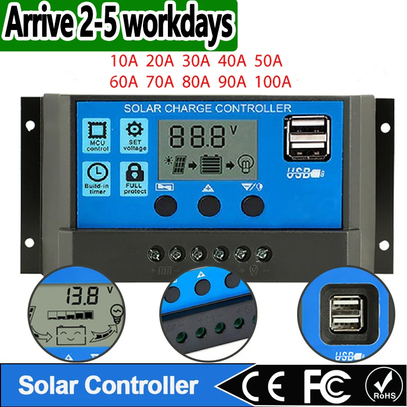 

1pcSolar Controller 12V/ 24V Solar Regulator PWM Controller LCD Display Dual USB5V Output, Solar charging accessories RV camping