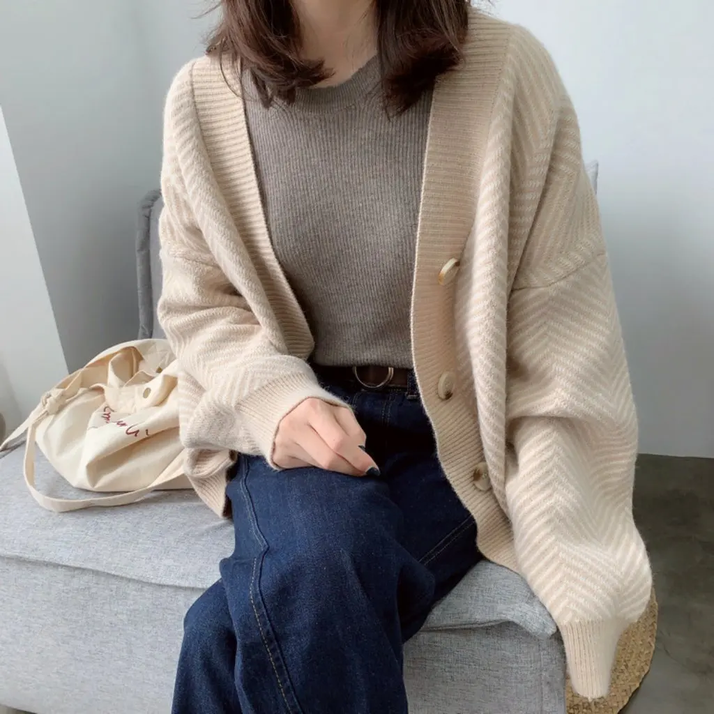 

Loose Women's Knitted Cardigan Spring Autumn New Style Short Striped Sweater Coat Casual Comfortable Outerwear