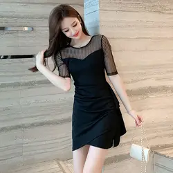 Spring Summer New Fashion Round Neck Mesh Splice Short Sleeve Sexy Versatile Western Commuter Bag Slim Women's Clothing Dresses