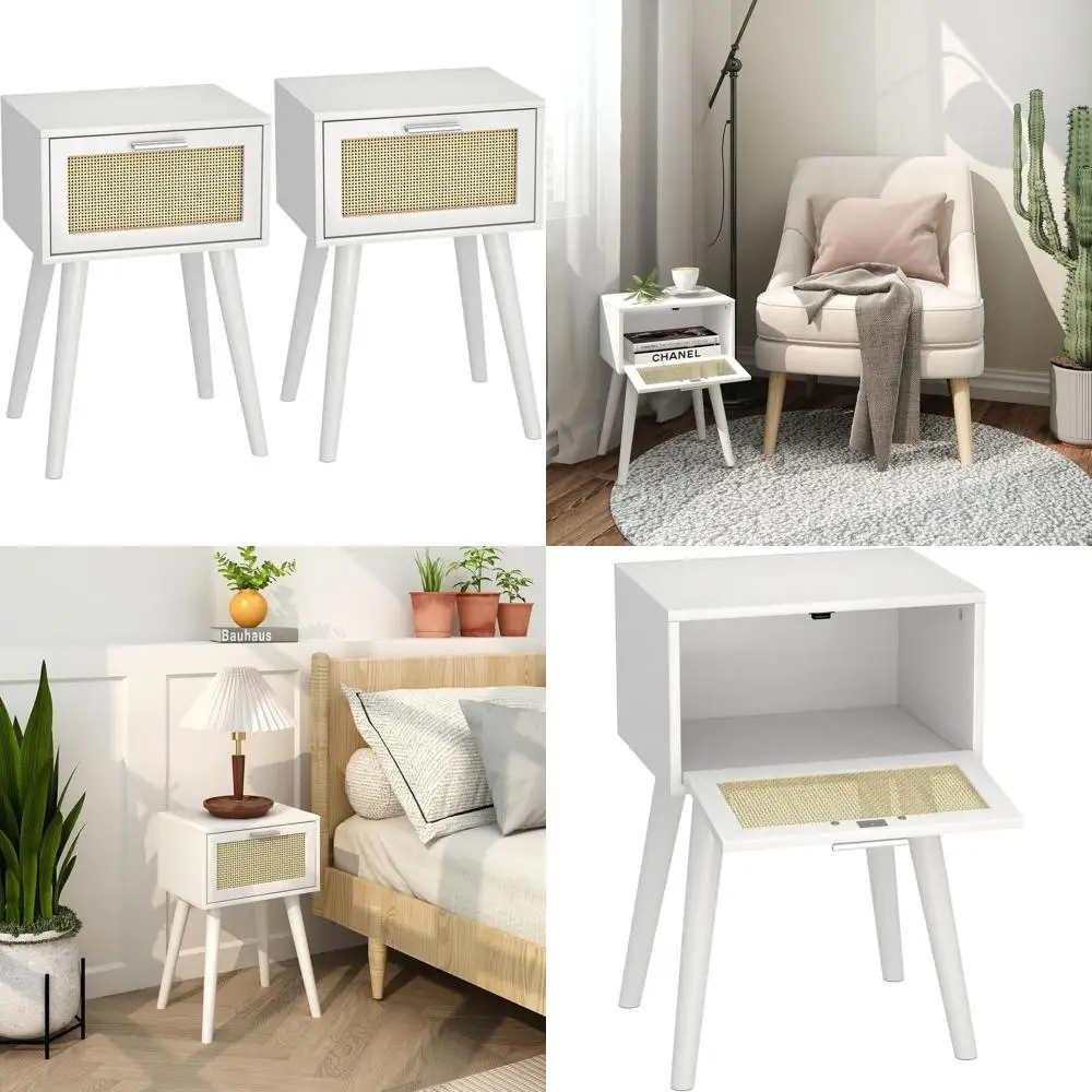 

Пара маленьких белых прикроватных столиков в стиле бохо с дверцами из ротанга для спальни и гостиной