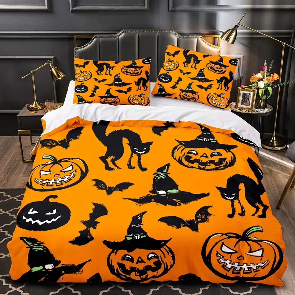 

Vintage Halloween Duvet Cover Set, Halloween Cartoon Jack O' Lantern Tombstone Skulls and Bones 23pcs Polyester Bedding Set