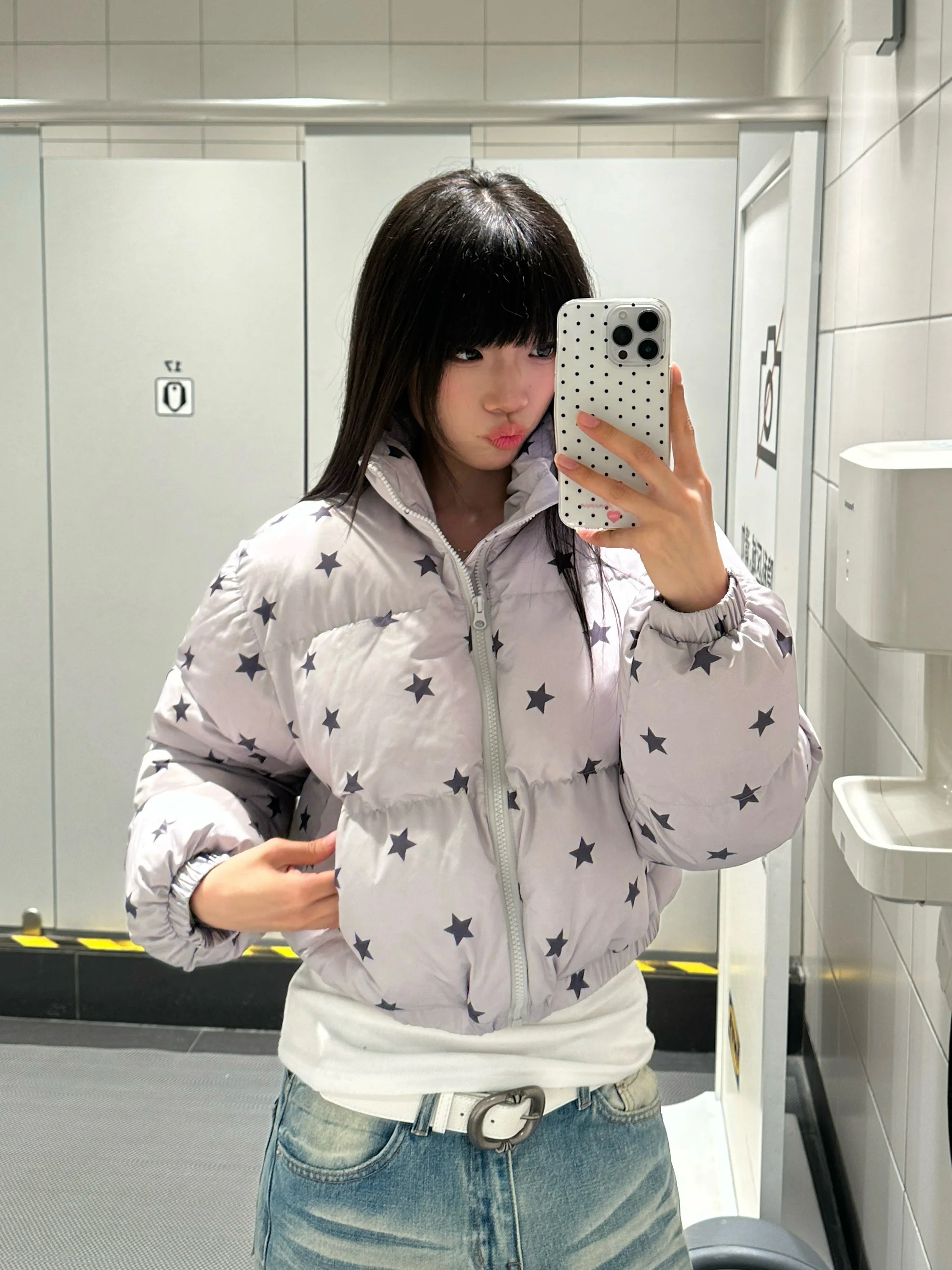 

BeOurRule American Retro Print Star Stand Collar Thiened Bread Coat Women's Winter Warm Cotton Jaet Straight Tube pe