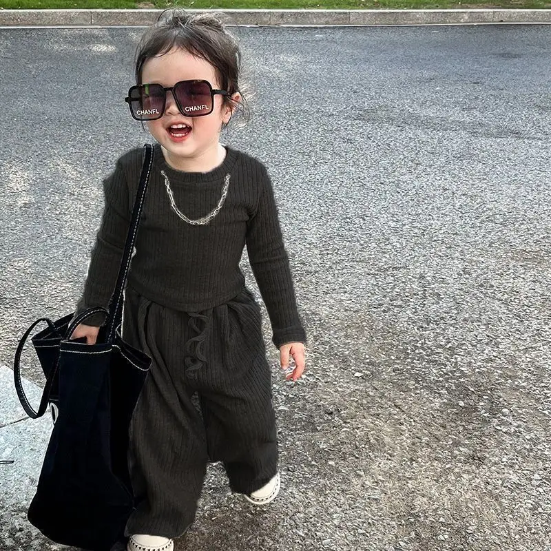 طفل الموضة مجموعة الأطفال الجولة الرقبة طويلة الأكمام بلون بدل رجالي ربيع الخريف رقيقة جديدة الفتيات عادية الرياضة 2 قطعة 2-8Y