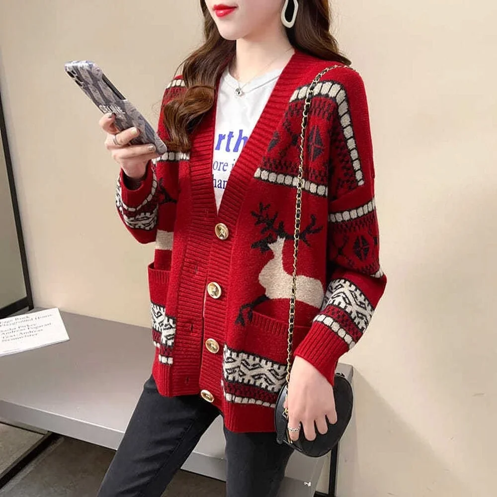 Autumn Women's New Elk V-neck Single-breasted Cardigan Sweater, Spring Loose-knit Cardigan Jacket Female Ethnic Style Cardigan