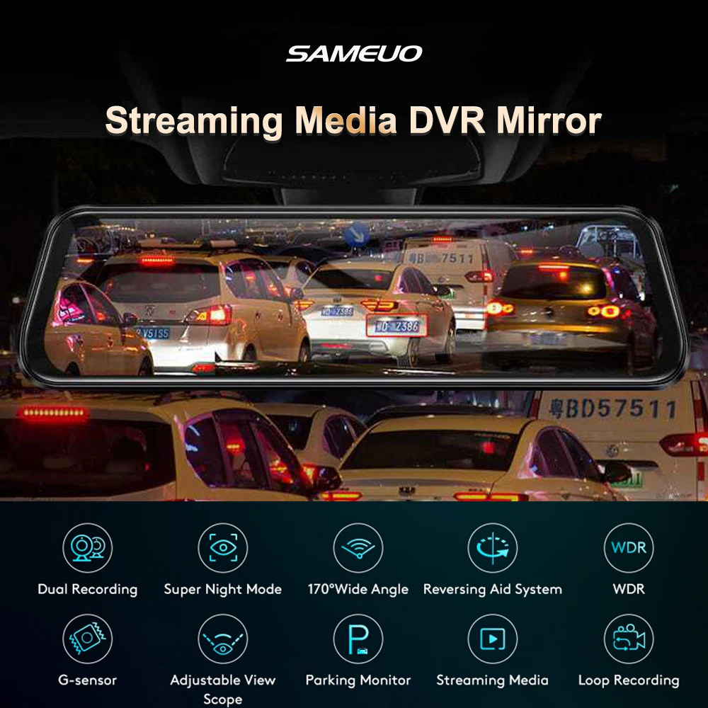 Sameuo Mirror Camera Car Dvr 10inch Touch Screen Video Recorder Rearview WDR 1080P Dash Cam Front and Rear Car Camera Black Box