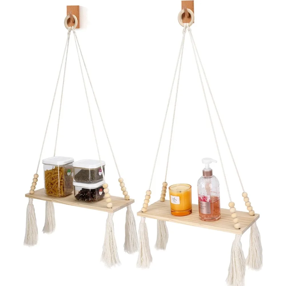 

Bohe 2 Pack Wooden Wall Hanging Shelves, Macrame Plant Wall Shelf with Tassel, Storage Floating Shelves for Books Photos,Wall Sh