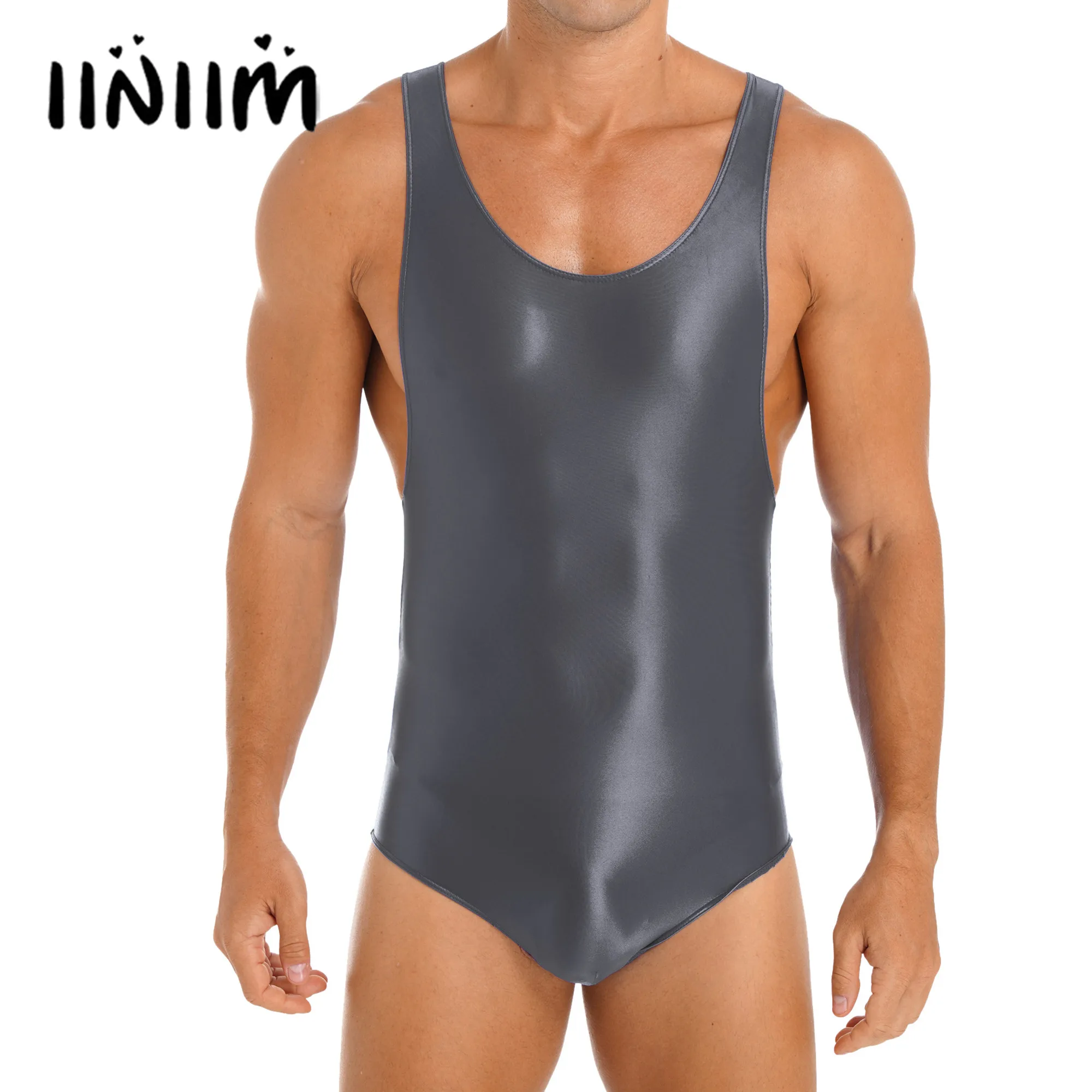 Wrestling Singlet for Lingerie Mens Glossy Stretchy Bodysuit Sleeveless Bodybuilding Fitness Leotard Skinny Jumpsuit Swimwear