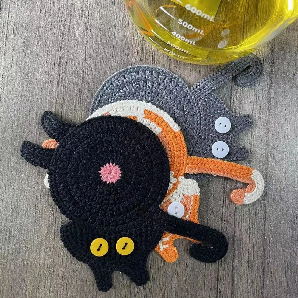 Cute Cat Butt Coasters Knitted Heat-Resistant Crochet Drink Mat High Temperature Resistant Non-Slip Mug Coaster Tea and Coffee