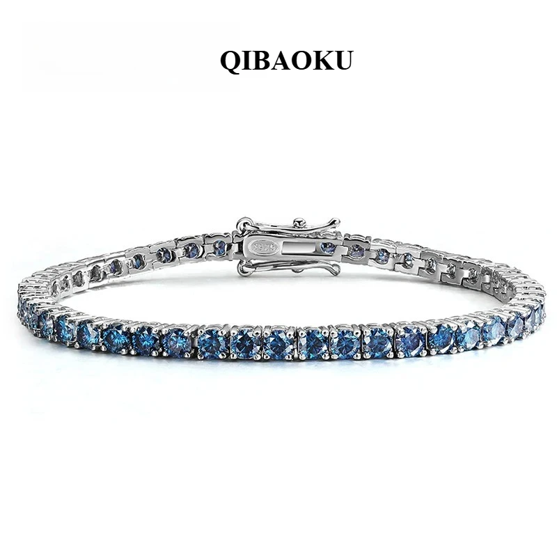 QIBAOKU Blue Moissanite Tennis Bracelets for Women Man Gifts 3mm 4mm Lab Grow Diamond GRA 925 Silver Plated 18k Bracelet 2026