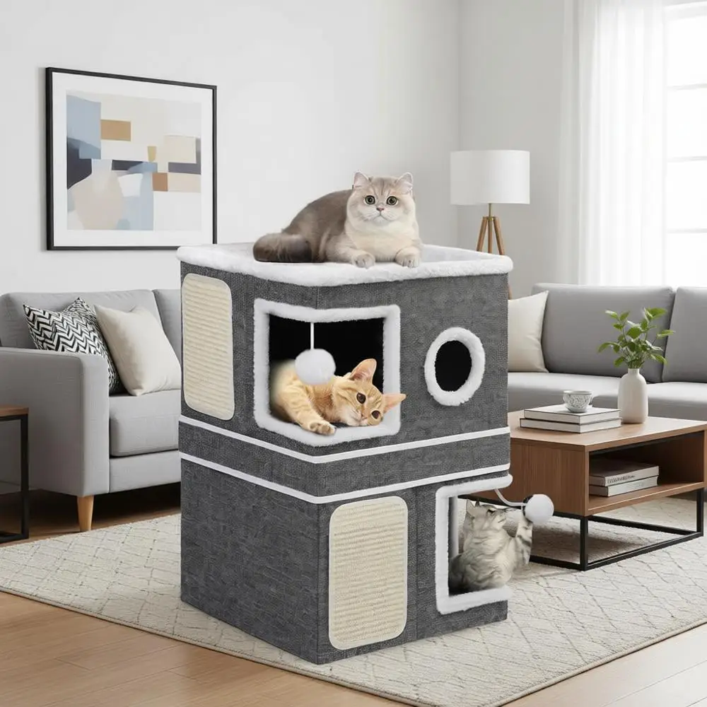 

2-Storey Cat Houses, Dual-Purpose Double Large Cat Beds, Hideaway Condos, Scratch Pads, Fluffy Balls, Foldable Indoor Cat Cube H