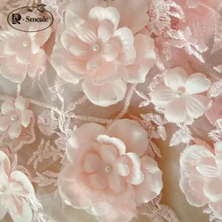 3D Applique Beaded Lace Fabric,Light Flesh Pink.Discoloration Flower Children's Applique Clothing,Dress Fashion,RS24600