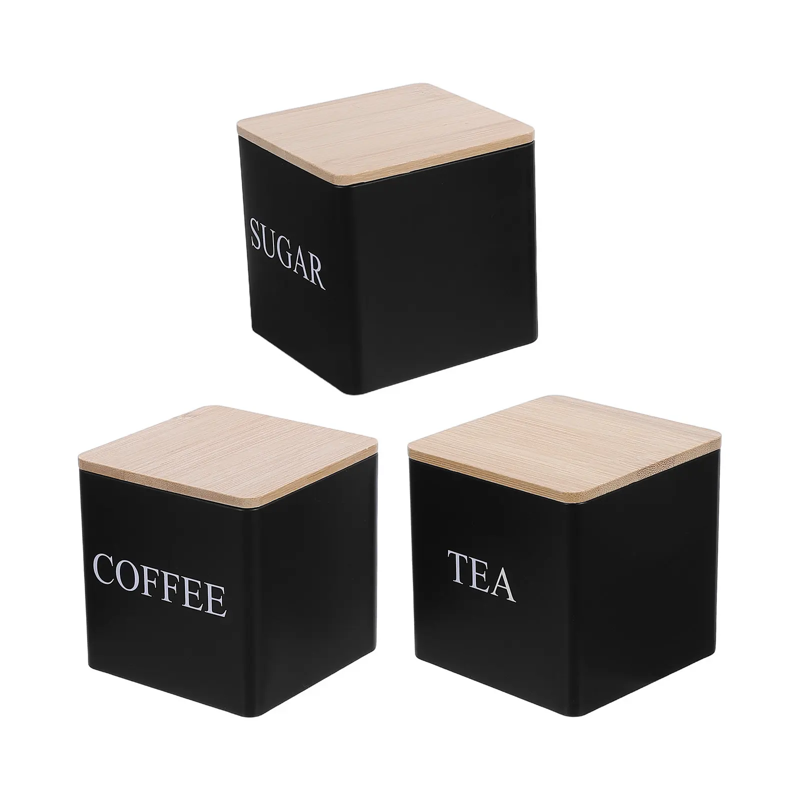 3Pcs Metal Tea Coffee Sugar Canister Set Bamboo Lids Square Kitchen Storage Containers Countertop Labeled Food Jars Airtight view 2