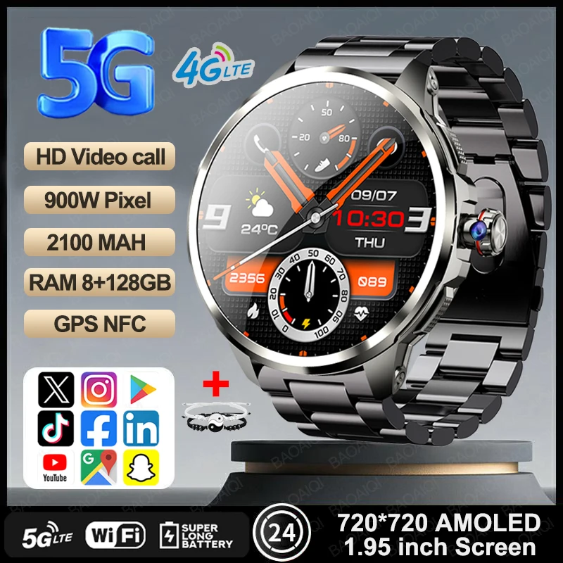 

8GB+128GB RAM 5G/4G Smart Watch 1.95 inch AMOLED 2100mah Battery 900W Camera GPS WIFI Google APP Download Android 9.0 Smartwatch