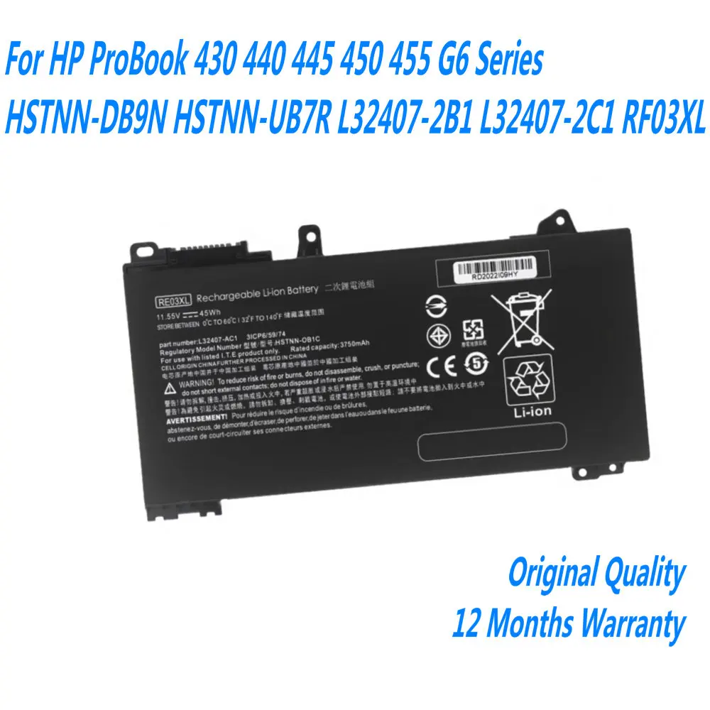 NEW 11.55V 45WH RE03XL Laptop Battery For HP ProBook 430 440 445 450 455 G6 Series HSTNN-DB9N HSTNN-UB7R L32407-2B1 L32407-2C1