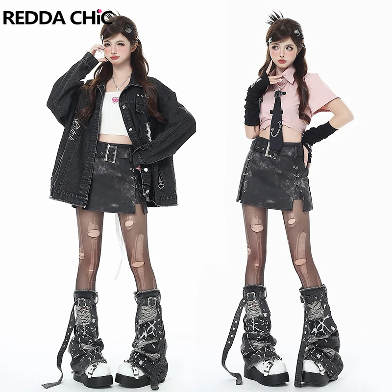 REDDACHiC Destroyed Black Leg Warmers for Women Denim Silver Glitter Ripped Holes Self-belt Y2k Knee Long Socks Emo Streetwear