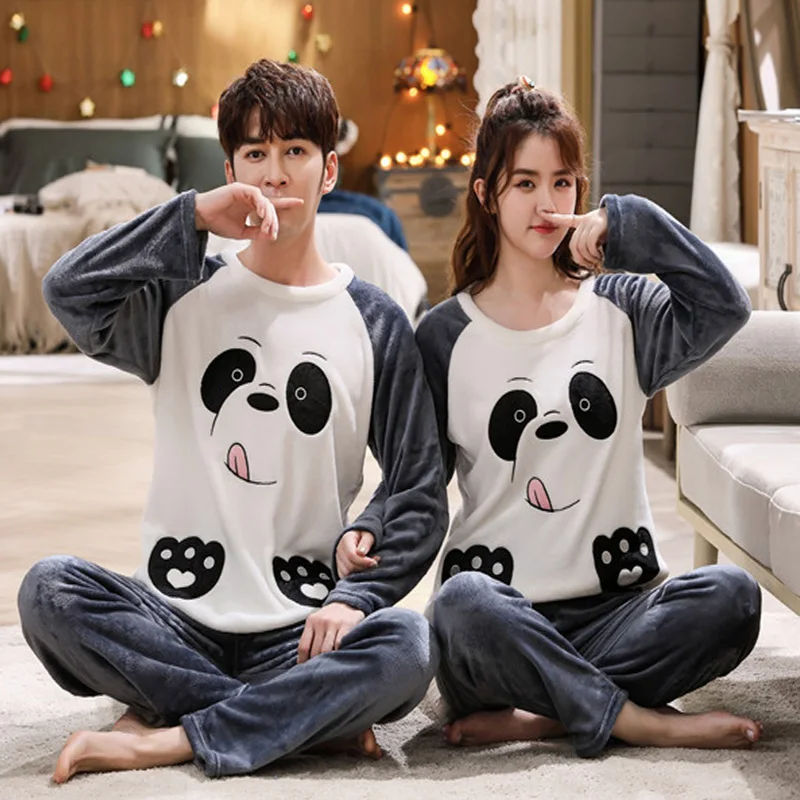 Thickened Warm Spring Fall and Winter Pajamas 2PCS/Set Men and Women Couple Homewear Flannel Long-Sleeved Cartoon Soft Nightwear