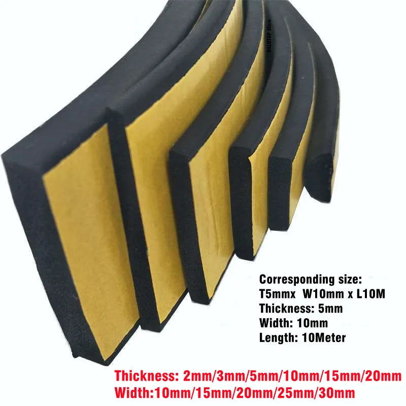 Auto-adesivo Rubber Sponge Seal Strip, Width10-30mm Thick, 2-20mm, Single Sided, EVA Black Foam, Anti-Collision Seal Gasket