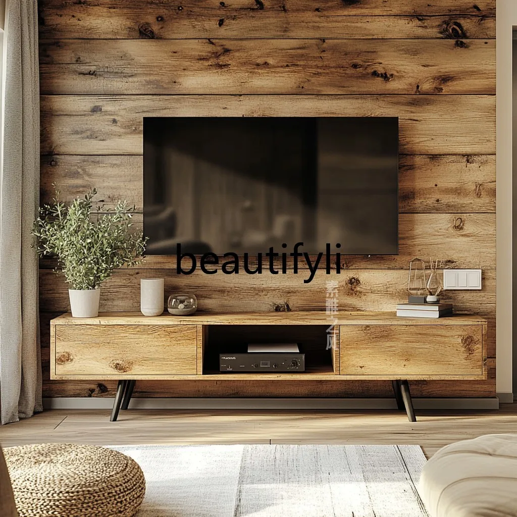 Wabi-sabi Style Solid Wood TV Cabinet for Homestays and Hotels, Modern Minimalist Solid Wood Furniture for Home Use