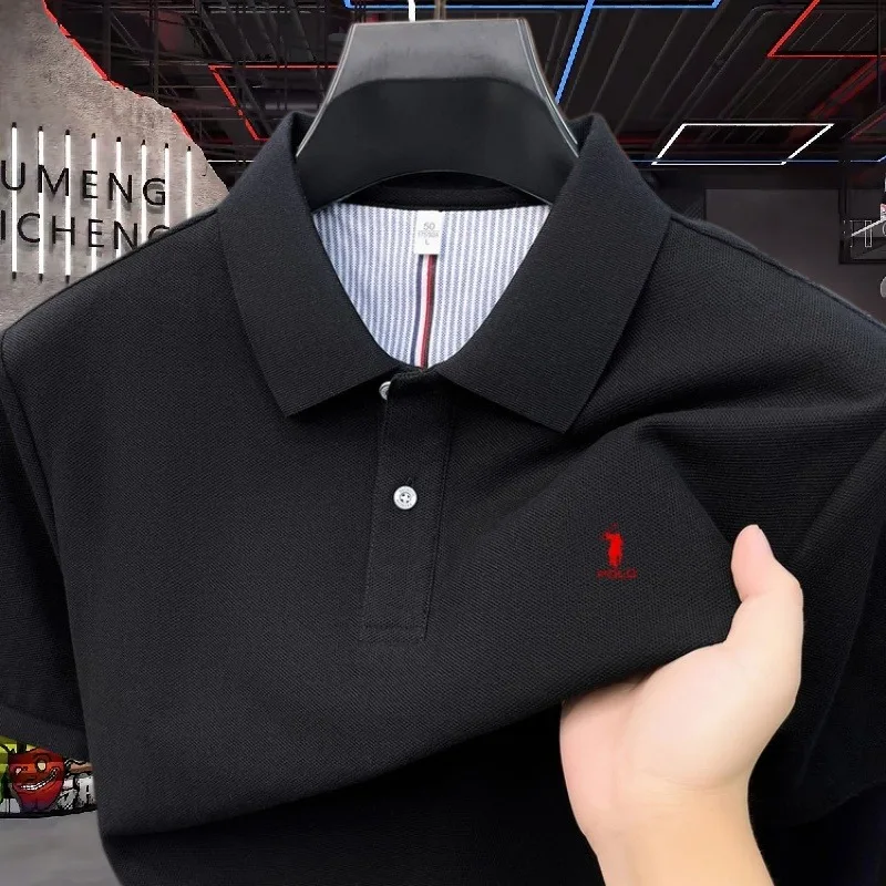 Men's Summer Pure Cotton Polo Shirt Short Sleeve Pony Embroidered Casual Golf Premium Quality Tops