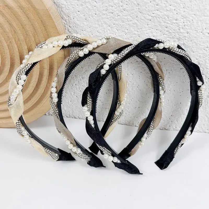 Double Pearl Rhinestone Headband Lace Braided Hairband Hair Hoop Korean Crystal Headbands for Women Girl Hair Accessories
