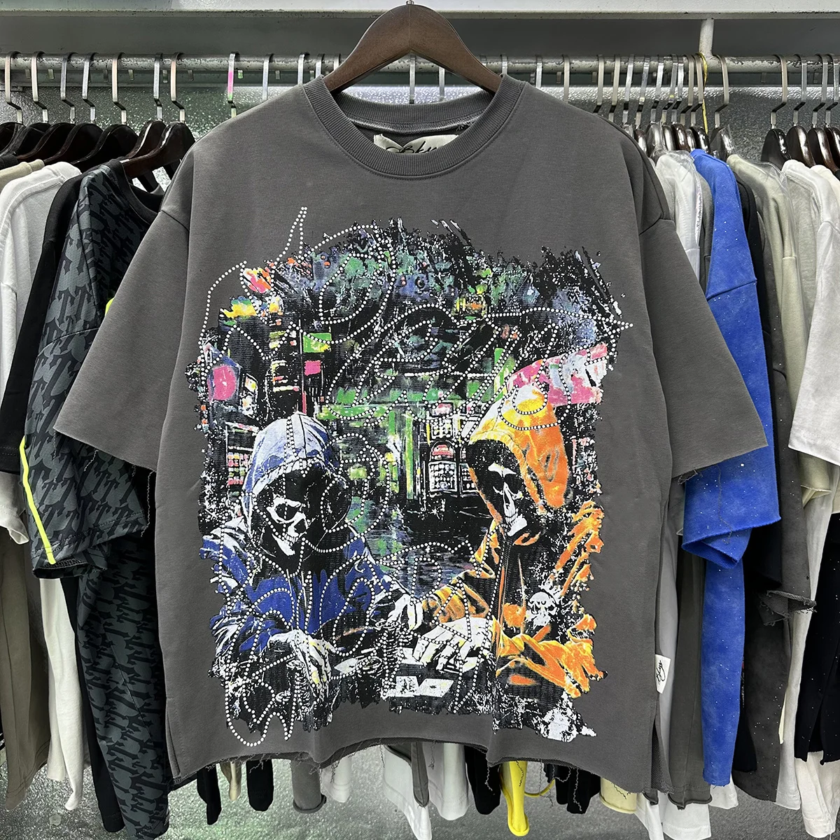 Summer Top Quality Cotton Oversized Tees Charcoal Gray Flash Diamond T-Shirt Hip Hop Skeleton Graphics Graffiti F-Terry Top Tags