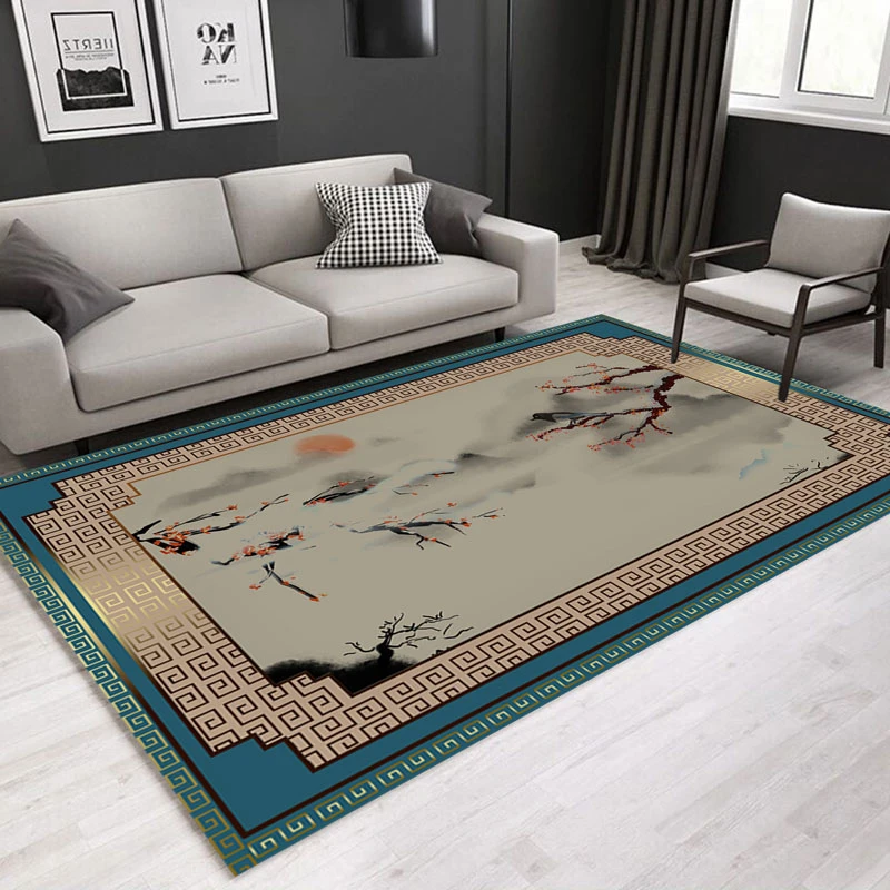 

Reese Custom Size Premium Durable Rug Family Kids Pets Misty Mountains Budding Blossoms Solitary Bird Geometric Blue Gold Art