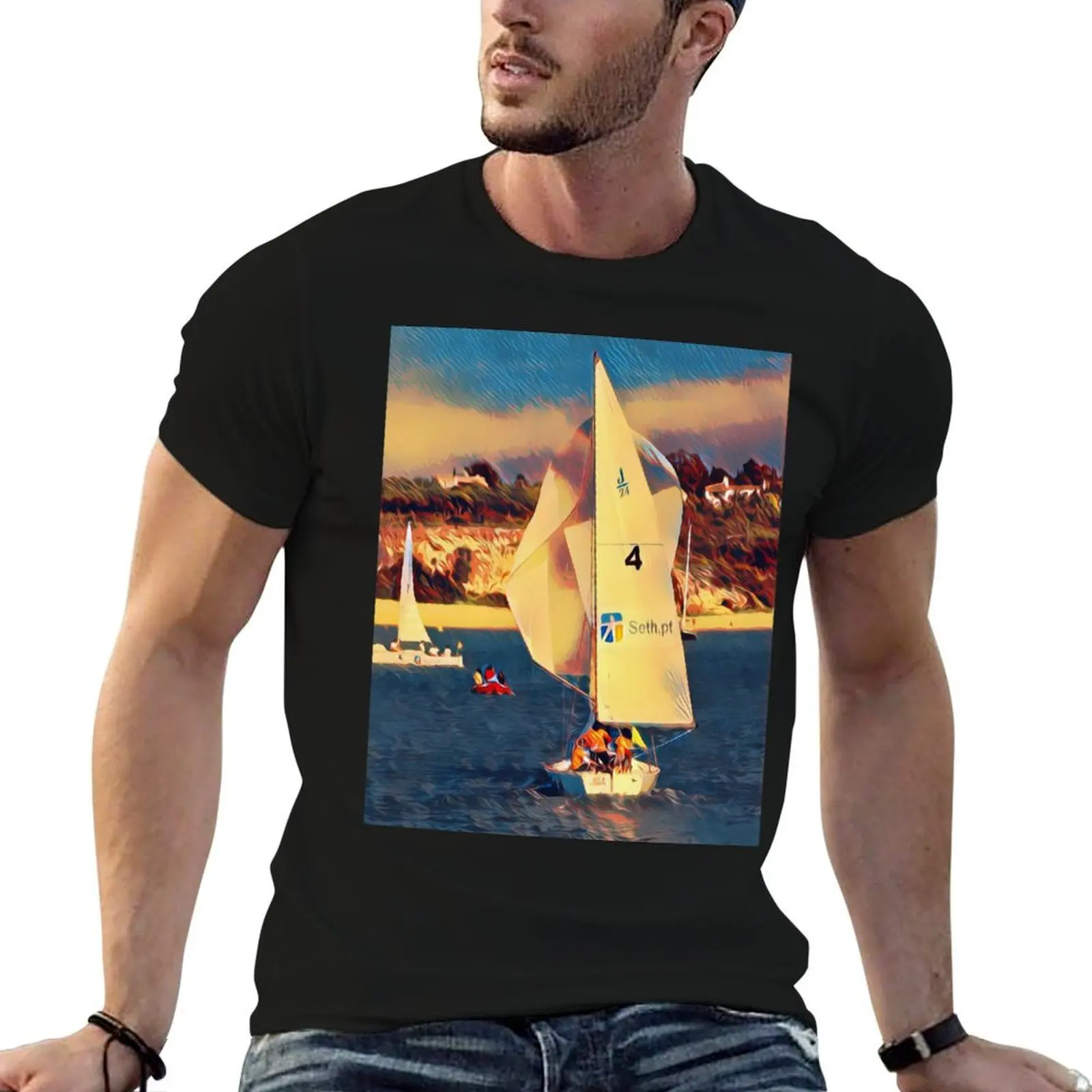 Sailing boats sailing at sea with their sailors near the coast. T-Shirt Luxury man summer tops mens cotton t shirts