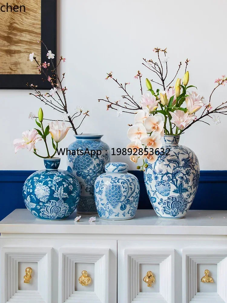 b20Blue and White Porcelain Vase Underglaze High Temperature Ornament Living Room Entrance Cabinet Home Flower