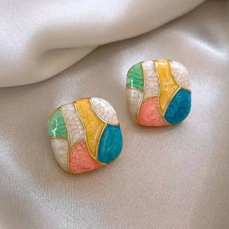 New Fashion Square Contrast Color Stud Earrings Female Sweet Patchwork Colorful Ear Jewelry Romantic Christmas Girl Gift