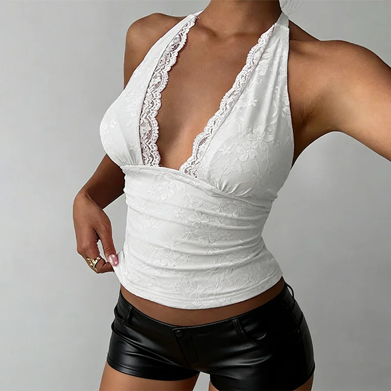 Frühling Sommer Damen Spitzen-Neckholder-Top Tiefer V-Ausschnitt Ärmellos Rückenfrei Crop-Top Blumenspitze Gerafftes Figurbetontes Party-Club-Streetwear