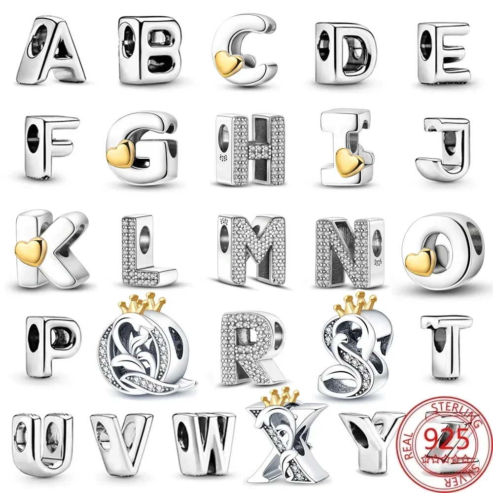 Hot Sale 925 Sterling Silver Letter Charm Fit Bracelet Silver 925 Original 26 Alphabet  Beads DIY Charms for Jewelry Making