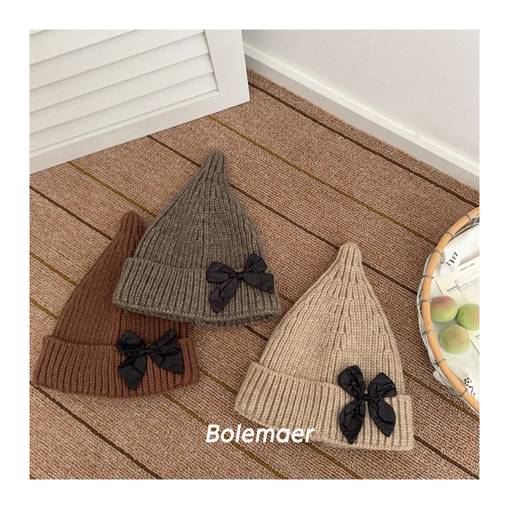 

2025 Knit Kids Hats New Autumn Winter Baby Knit Caps Ear Protection Caps Fashion Bow Girls Caps Kids Accessories