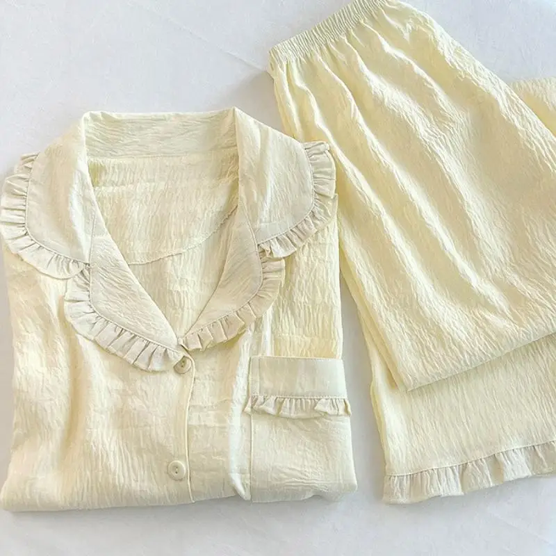 Women's Lace V-Neck Pullover Long Sleeved Long Pant Home Suit Set for Girls In Spring Autumn New Pajamas for Women Two-Piece Set