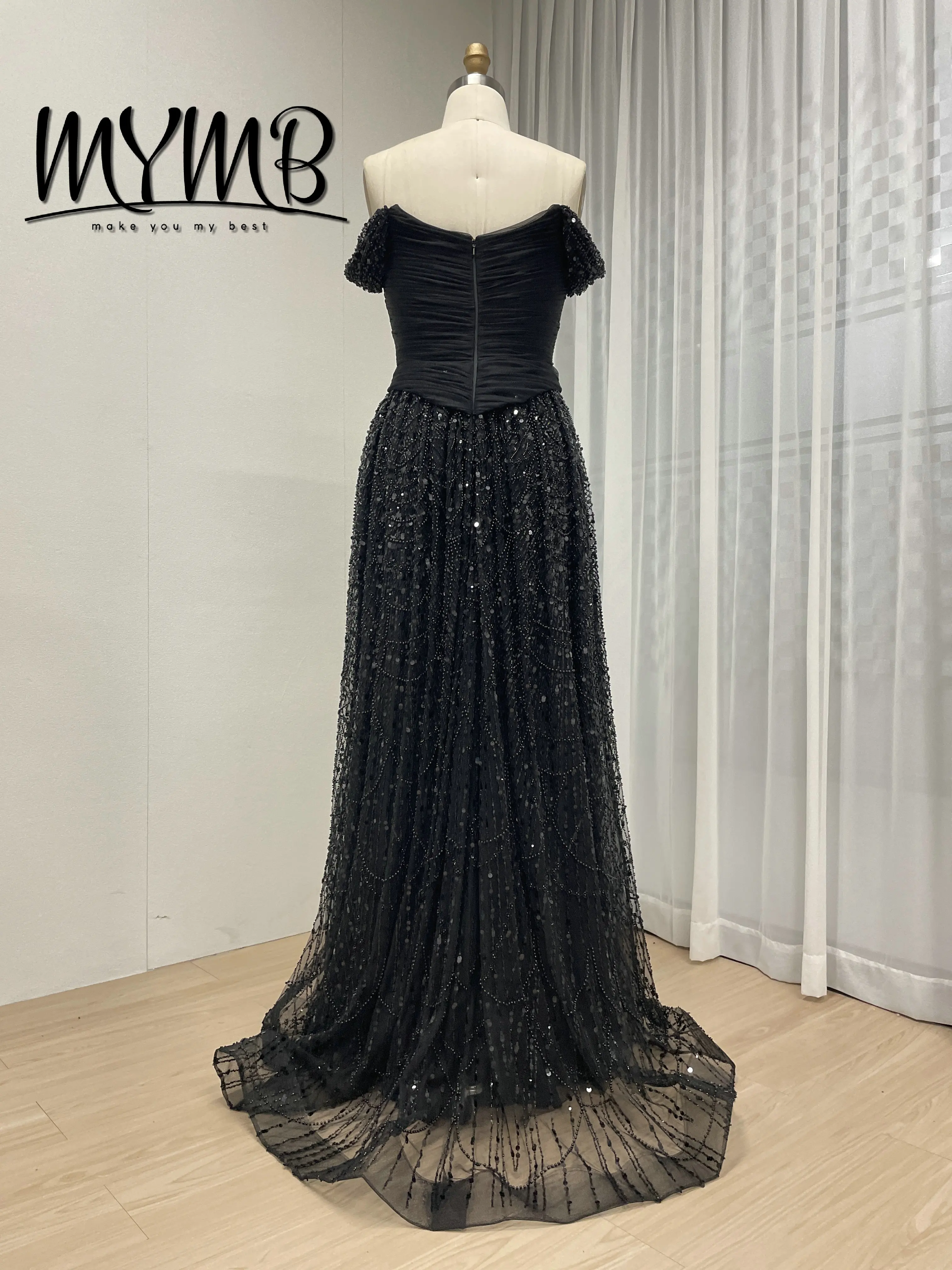 MYMB Neuer Stil, verziert mit exquisiten, perlenbesetzten Pailletten, elegantes, schulterfreies Abendkleid in A-Linie für formelle Anlässe MB40432