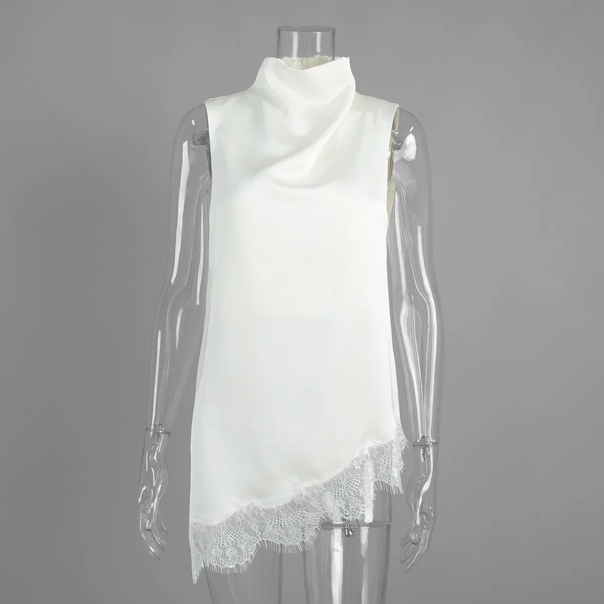 

French Style White Satin High Neck Blouse Sleeveless Asymmetrical Hem Lace Trim Elegant Office Wear
